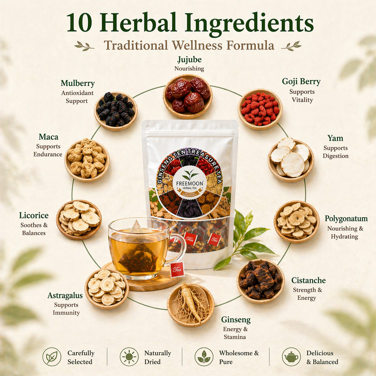 Tea ingredients arranged with the pouch